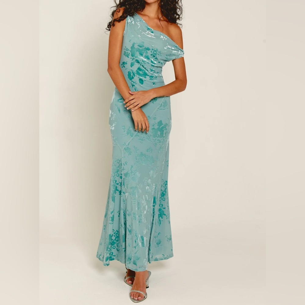 Rare London Blue Devore Fallen Shoulder Maxi Dress